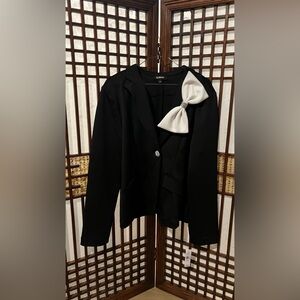 Glamour Black Blazer with White Bow and Rhinestones Button